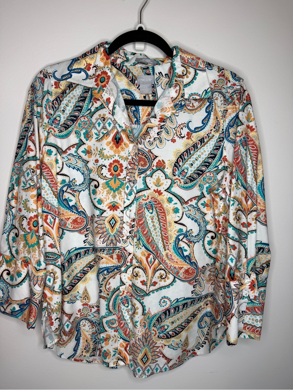 Chico's White Paisley Button-Down Shirt with Teal & Orange Accents